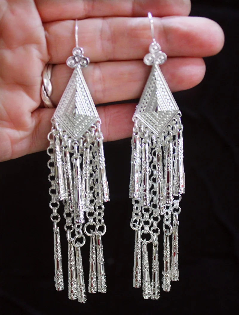 Miao Silver Earrings Hmong Jewelry Festival Accessories Hyperbole Tassel