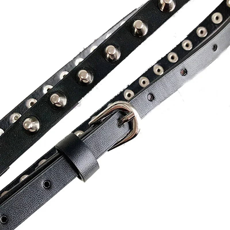 Nowy pasek w stylu punkowym kowbojskim z podwójnym pętlą i ćwiekami, bardzo długi, cienki pasek, uniwersalny pasek z nitami.