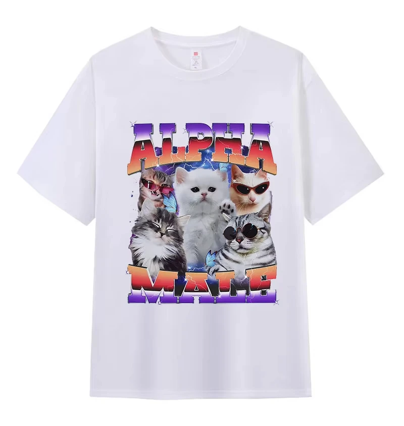 

Футболка с забавным мемом «Альфа-кот» для мужчин и женщин, винтажная, оверсайз, из хлопка, свободного кроя, с круглым вырезом, с коротким рукавом