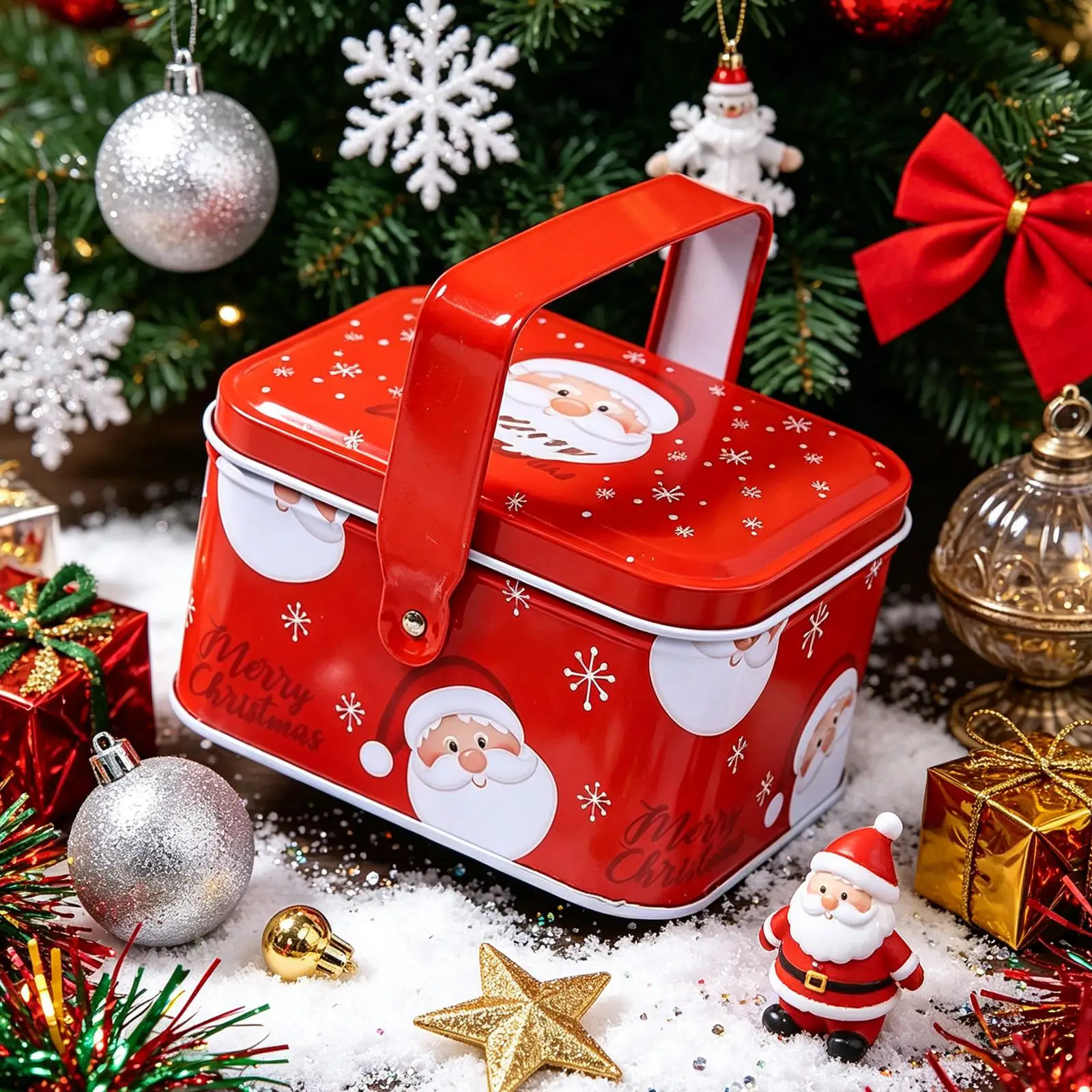 1pcs Christmas Cookie Tins Metal Santa Claus Snowflake Container With Lid And Handle Christmas Cookie Boxes For Holiday Snack