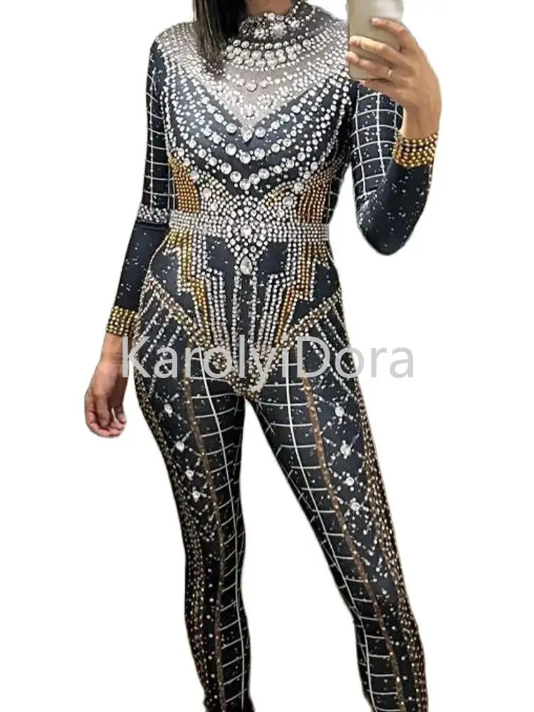 Shining Rhinestones Showgirl Performance Costumes Fashion Nightclub Dancer Pole Dancing Stage Costumes Acrobatic Women Jumpsuit