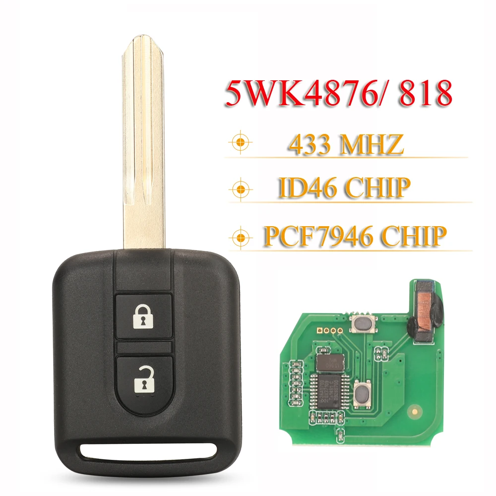 jingyuqin 2Buttons Smart Remote Car Key Fob 5WK4876 / 818 433MHz ID46 For Nissan Elgrand X-TRAIL Qashqai Navara Micra Note NV200