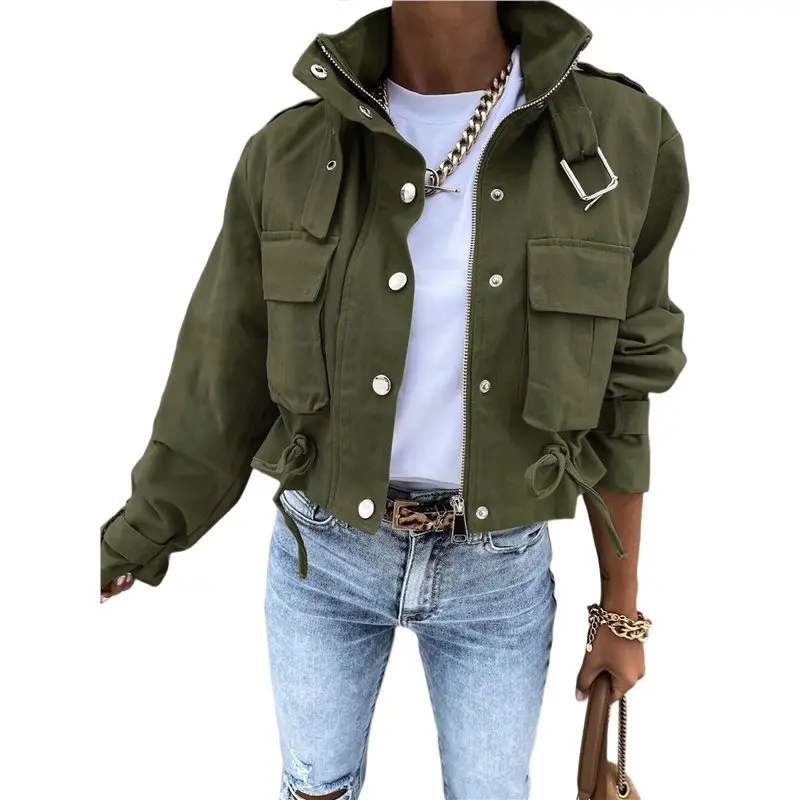 

CYL-Women's Cropped Jacket Zip Up Snap Buttons Casual Stand Collar Drawstring Waist Short Fall Jackets