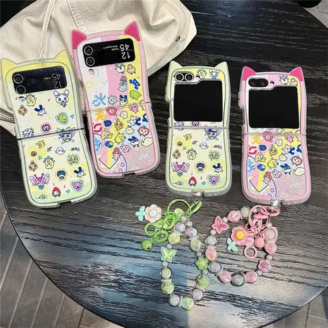 Custodia per telefono animale cartone animato Kawaii per Samsung Galaxy Z Flip 7 6 5 4 3 Flip6 Flip5 Cover con catena antiurto Custodie carine Funda