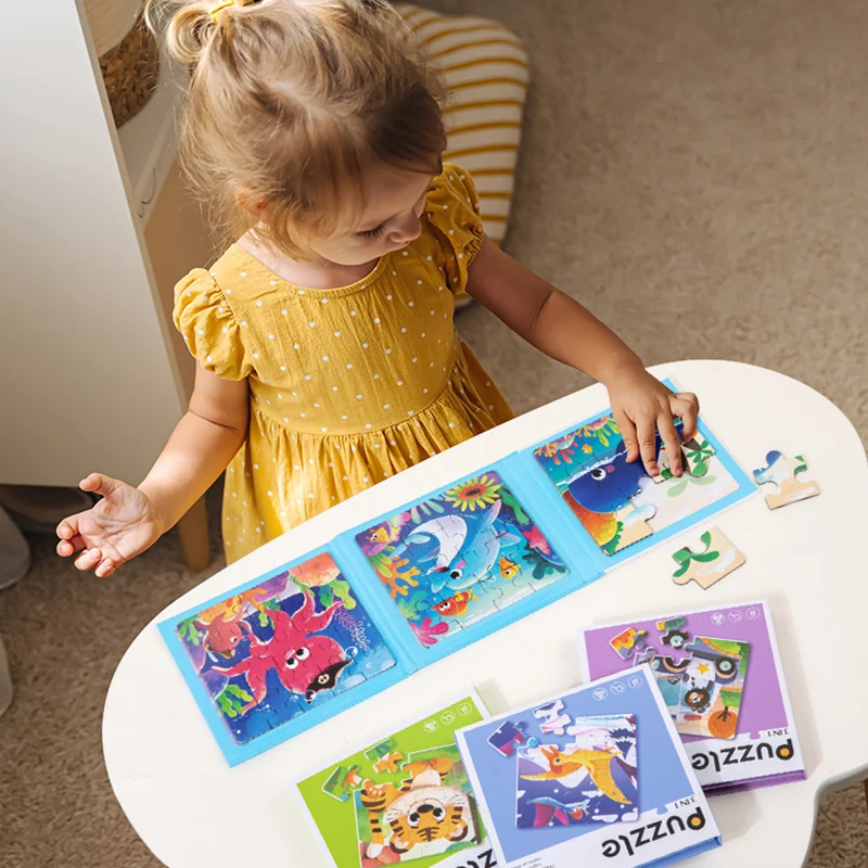 Nuovo puzzle in legno 3 in 1 animale del fumetto giocattolo Montessori per bambini gioco di puzzle di formazione del pensiero logico per la prima educazione