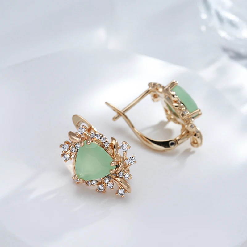 Kinel New Trend Crystal Flower Earrings for Women 585 Rose Gold Color Green Natural Zircon Drop Earrings Fine Daily Jewelry