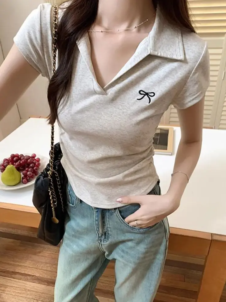 T-shirt Women's Top Polo Neck Bow Embroidered Pleated Waist-cinching Slimming S… - Image 5