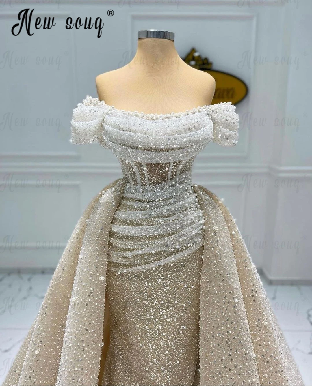 Luxury Champagne Beaded Evening Dress For Wedding Party With Detachable Train Off Shoulder Arabic Formal Occasion Dresses Custom