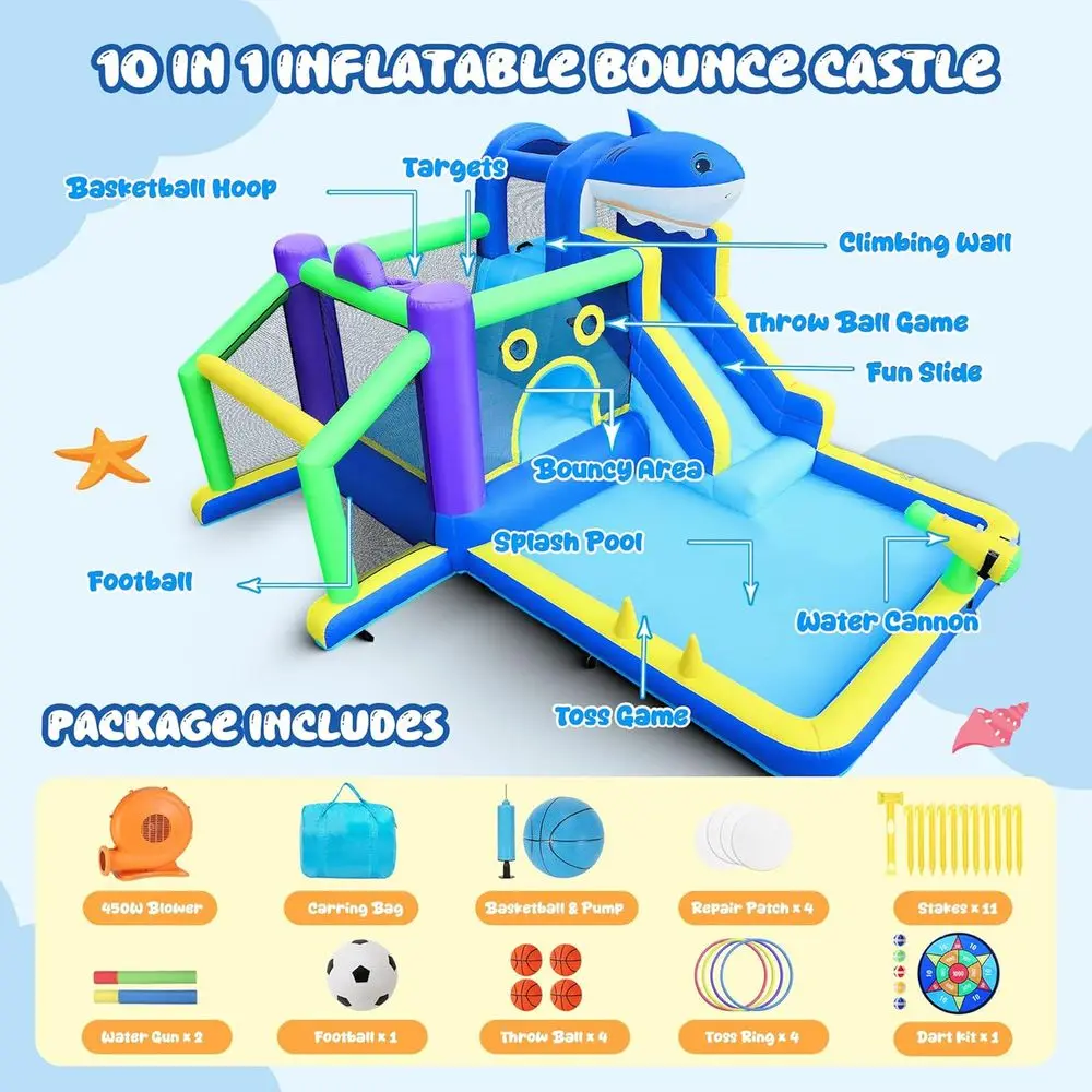 10-in-1 Iatable Bounce House-waterglijbaan voor kinderen, 13,3x11,3FT groot peuterpark met splash-zwembad, springen, klimmuur, water