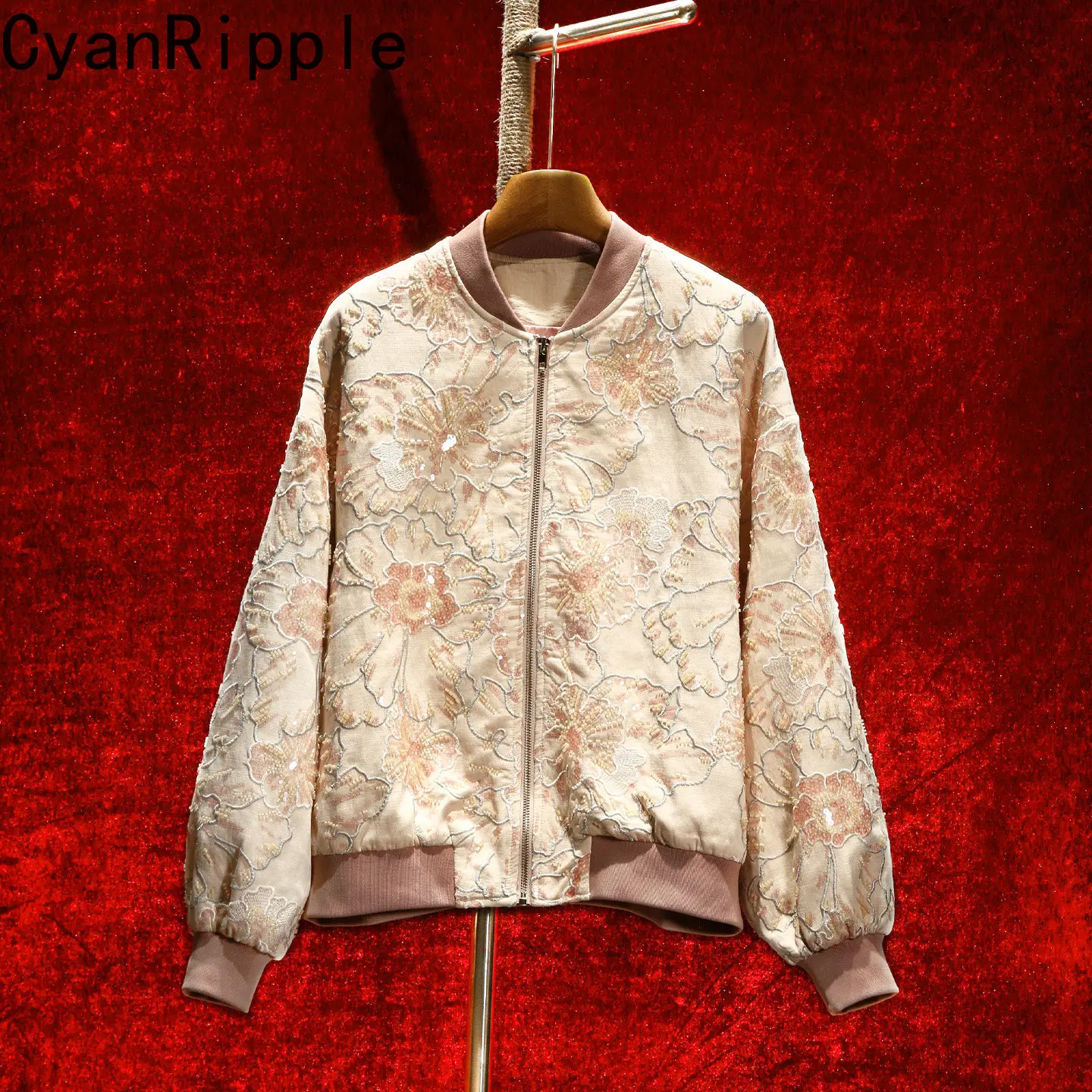 High Quality Heavy Embroidery Beads Stand Collar Women Baseball Jacket All-match New Autumn Full Sleeve Loose Cardigans Coat