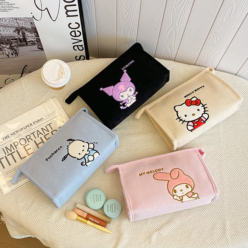 Sanrio Hello Kitty Corduroy Maquiagem Bolsa dos desenhos animados, Saco de Higiene Pessoal Feminino, Viagem Armazenamento Portátil, Maquiagem Bolsa