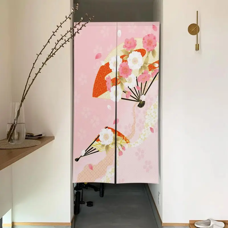VIKAMA Sakura Blossom Door Curtain, Japanese Pink Paper Umbrella Print Half-Curtain, Room Divider for Bedroom Home Decor