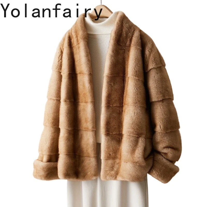 

YOLANFAIRY Натуральная шуба из цельного меха норки для женщин, короткая, класса люкс, зимняя, элегантная, меховая куртка