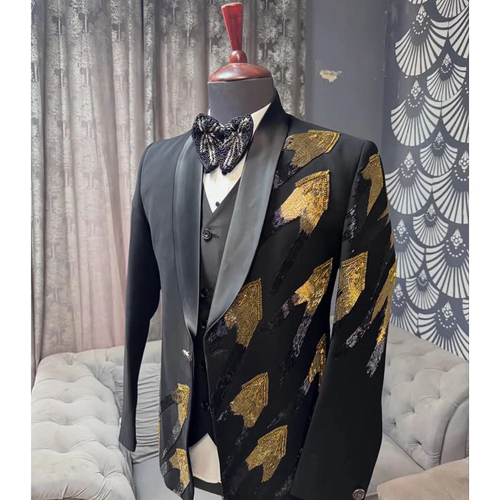 Black Two Pieces Beads Men's Suit Party Customized Crystal One Button Celebrity Peak Lapel Groom Wear
