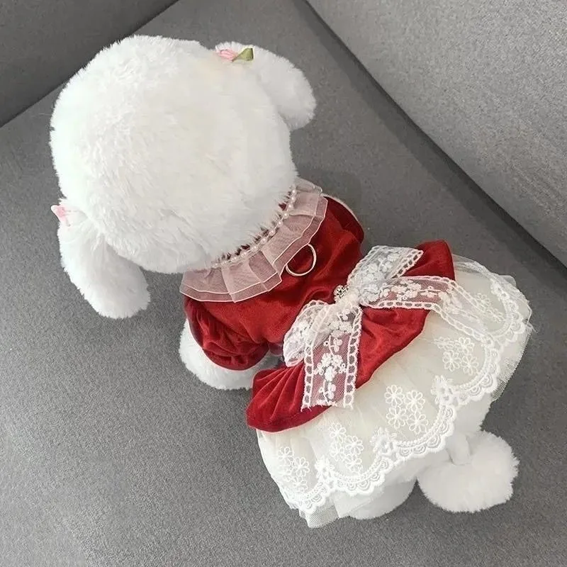 

Платье для собак и кошек в стиле принцессы, креативное модное платье для домашних животных, для дома/путешествий, красное кружевное платье, аксессуары для животных LJ273