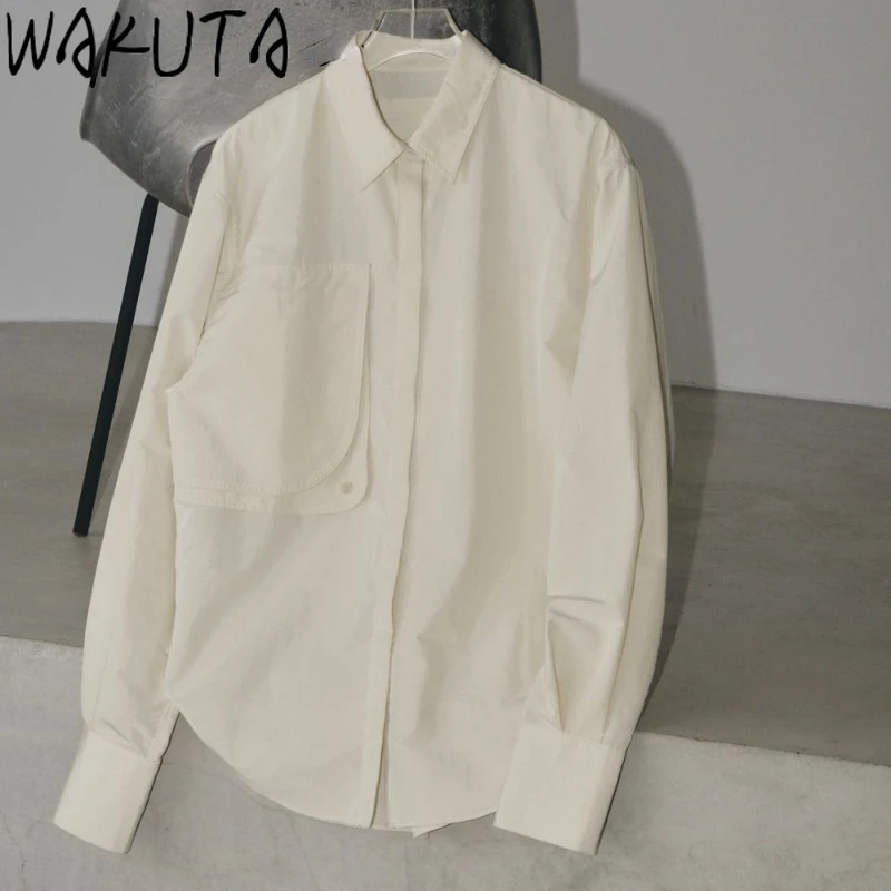 Wakuta Turn-Down Collar Long Sleeve Soft Blouses Casual Safari Style Single Breasted Blusas Japan Loose Pocket Patchwork Shirt