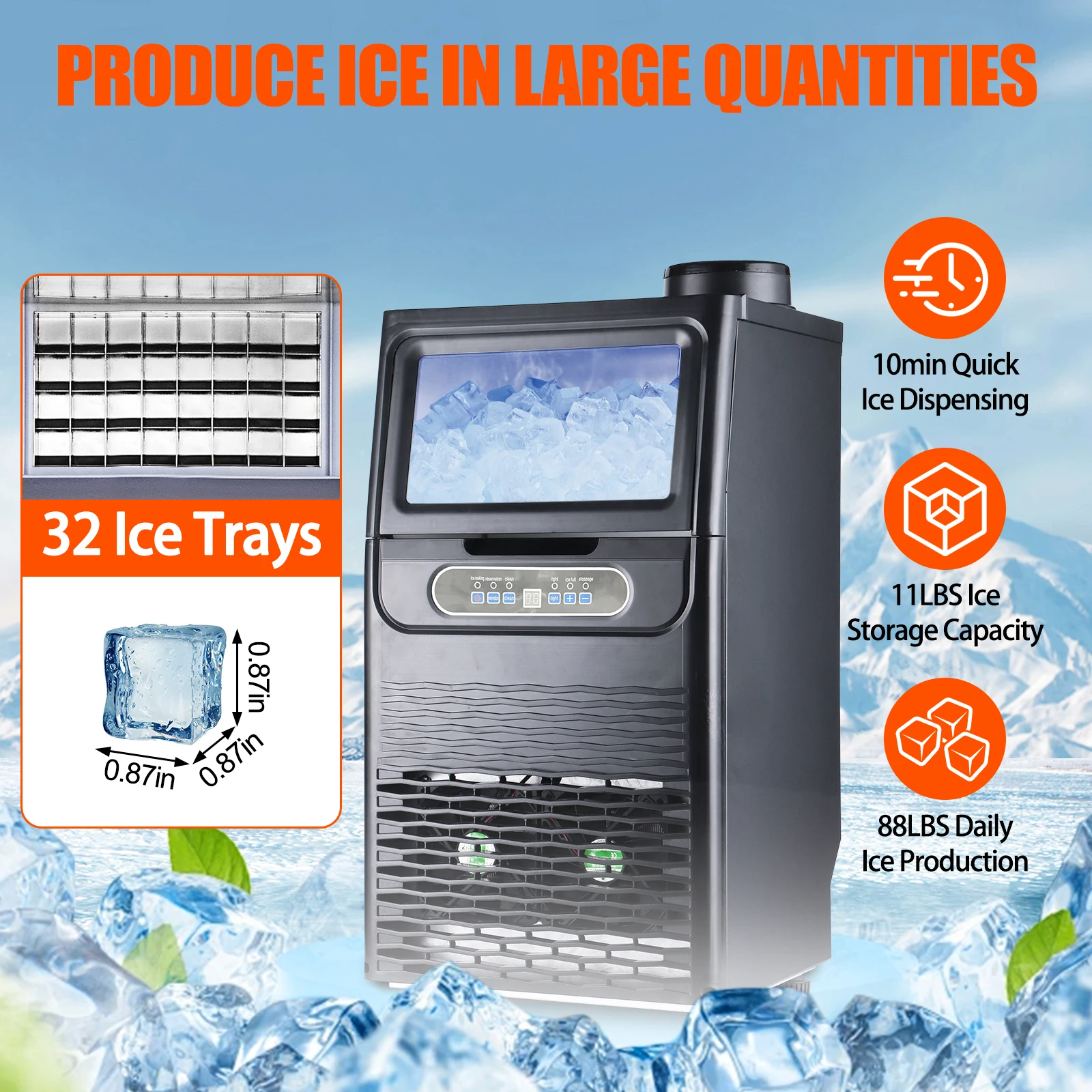 Commercial Ice Maker Machine, 88lbs/24H Counter Ice Maker with 11LBS Storage Bin, 32 Ice Trays, 10min Quick Ice Dispensing