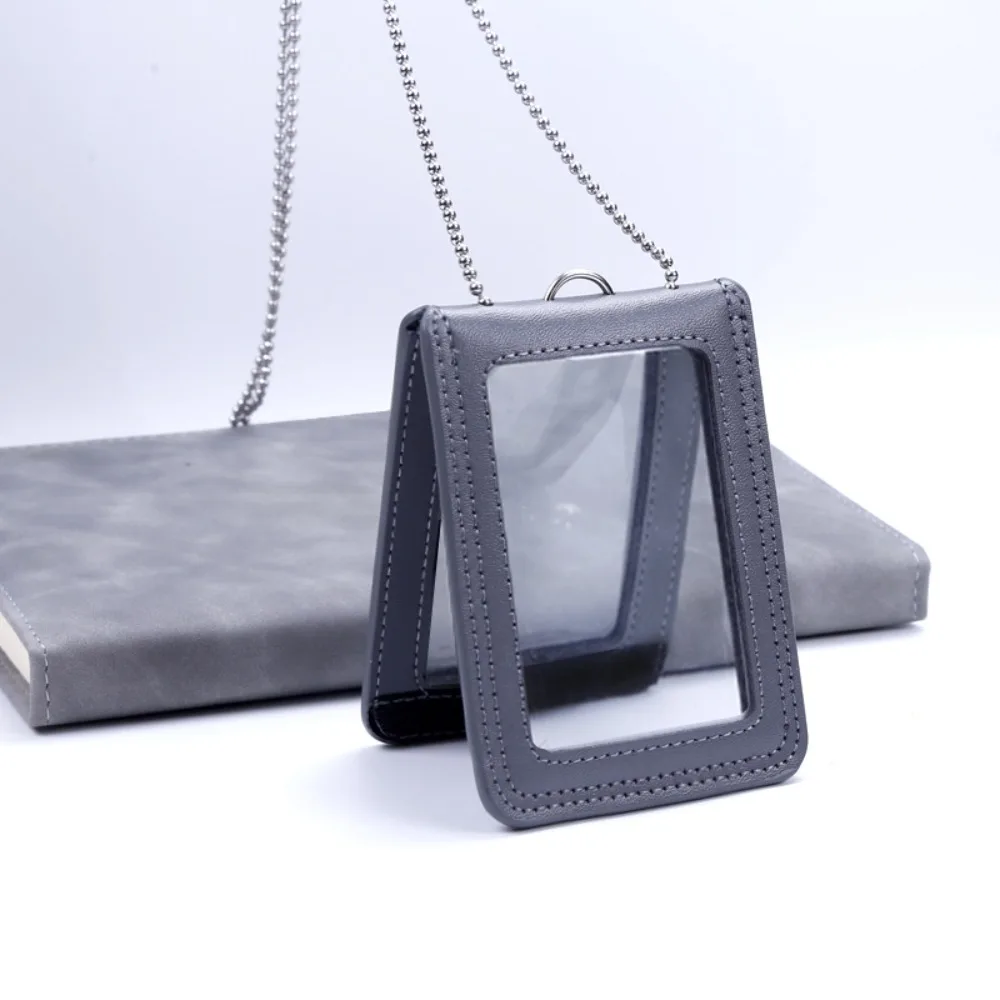 Double-Sided Leather Card Cover With Neck Strap Badge Clip ID Card Holder Folding Clear Leather Badge Holder Staff Supplies