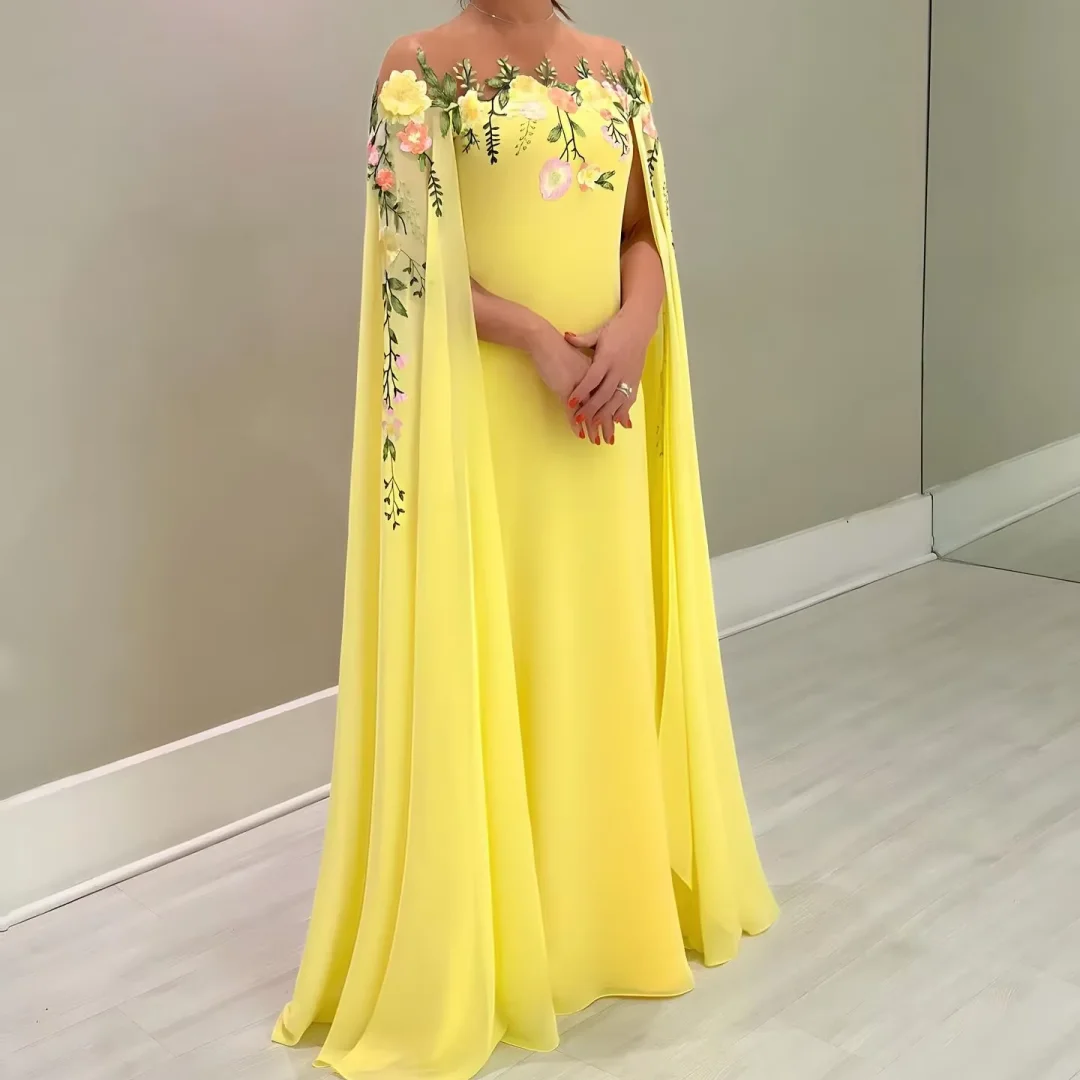 

Платье для свадебного гостя с вышивкой и аппликацией в виде листьев и накидкой длиной до пола, шикарные желтые платья для матери невесты по индивидуальному заказу