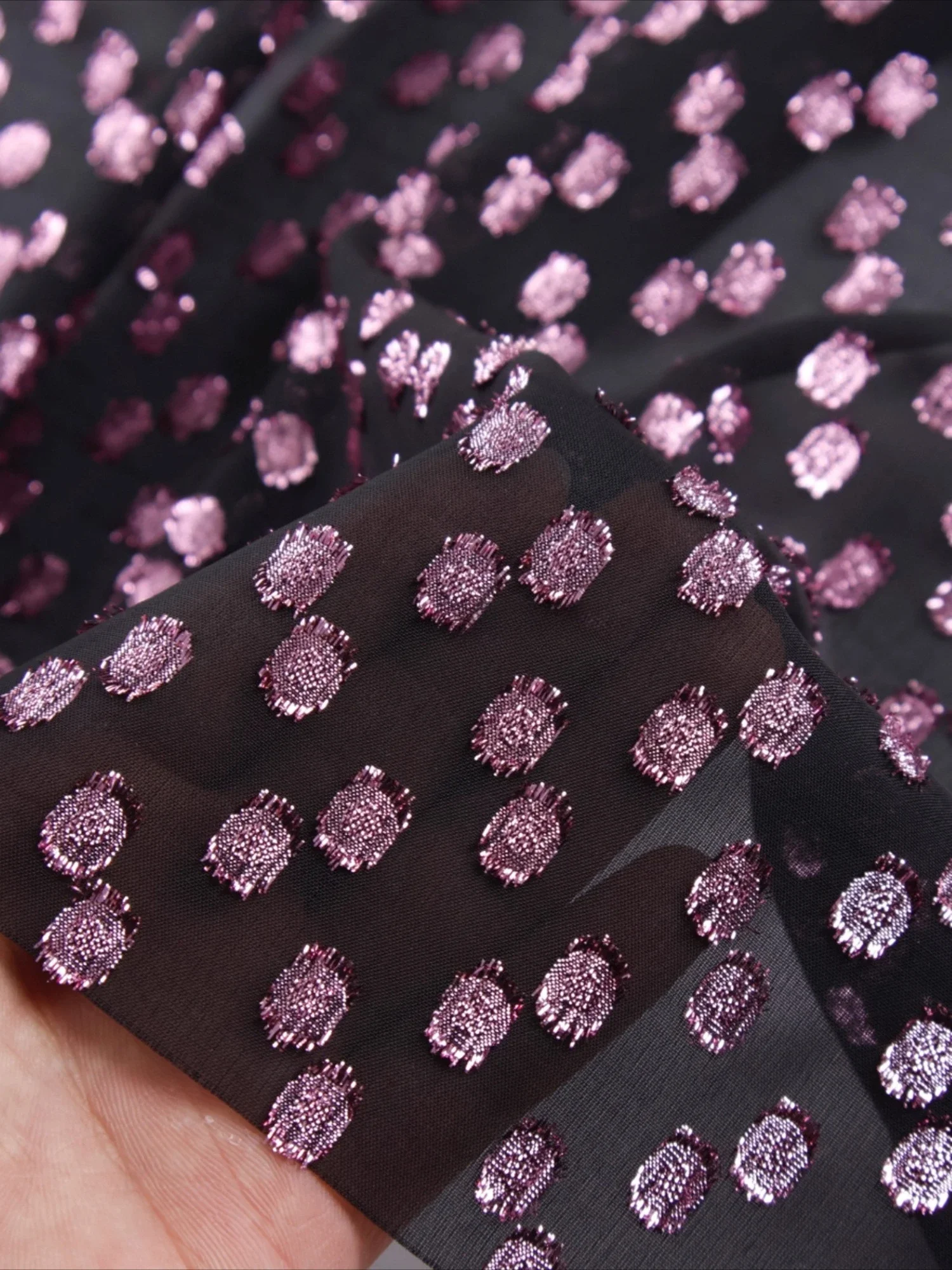 

Purple red wavelet embroidery semi transparent black chiffon fabric sewing shirt dress designer fabric DIY