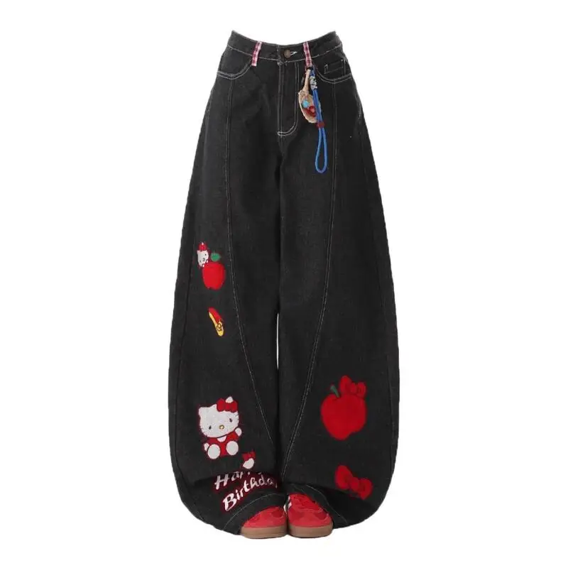 

Винтажные джинсы с вышивкой Hello Kitty Sanrio для девочек, новые свободные модные персонализированные брюки в студенческом стиле, прямые широкие брюки
