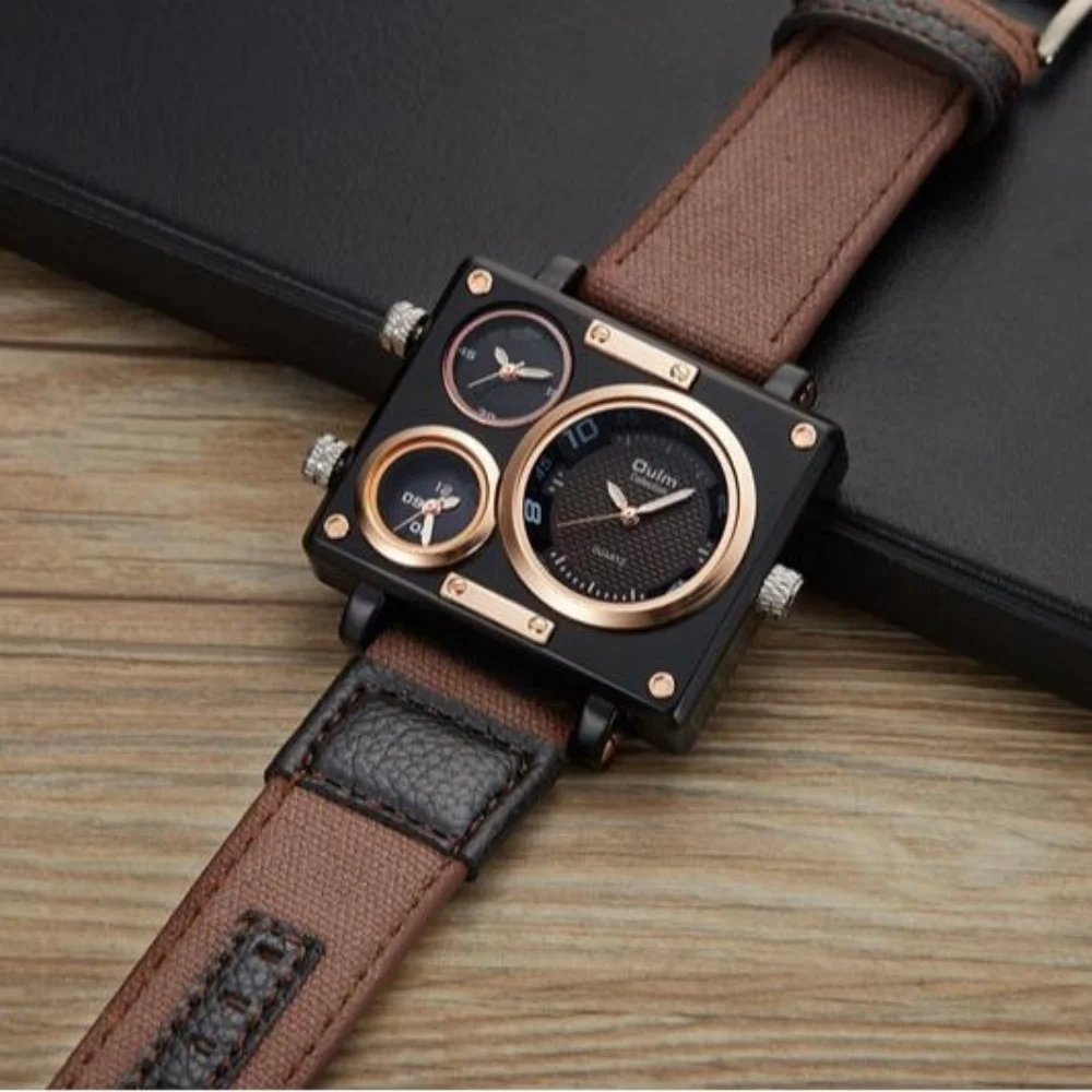 New Three-Time Zone Square Men's Quartz Watch, European and American Style, Fashionable, Casual, Simple, Unique, Street Cool, Social Guy Watch, Trendy for Male Students, the Best Gift for Him
