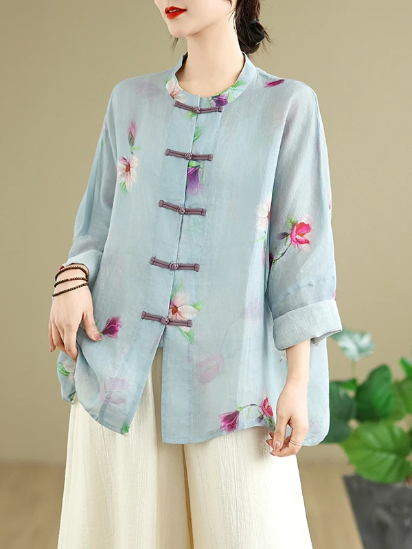 

Новая китайская женская летняя верхняя одежда из льняной ткани с цветочным принтом, воротником-стойкой, длинными рукавами и защитой от солнца, кардиган