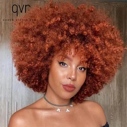 QVR Reddish Brown Short Afro Kinky Curly Wigs With Bangs For Black Women QVR Full Machine Made Human Hair Fluffy Curly Wig 180D
