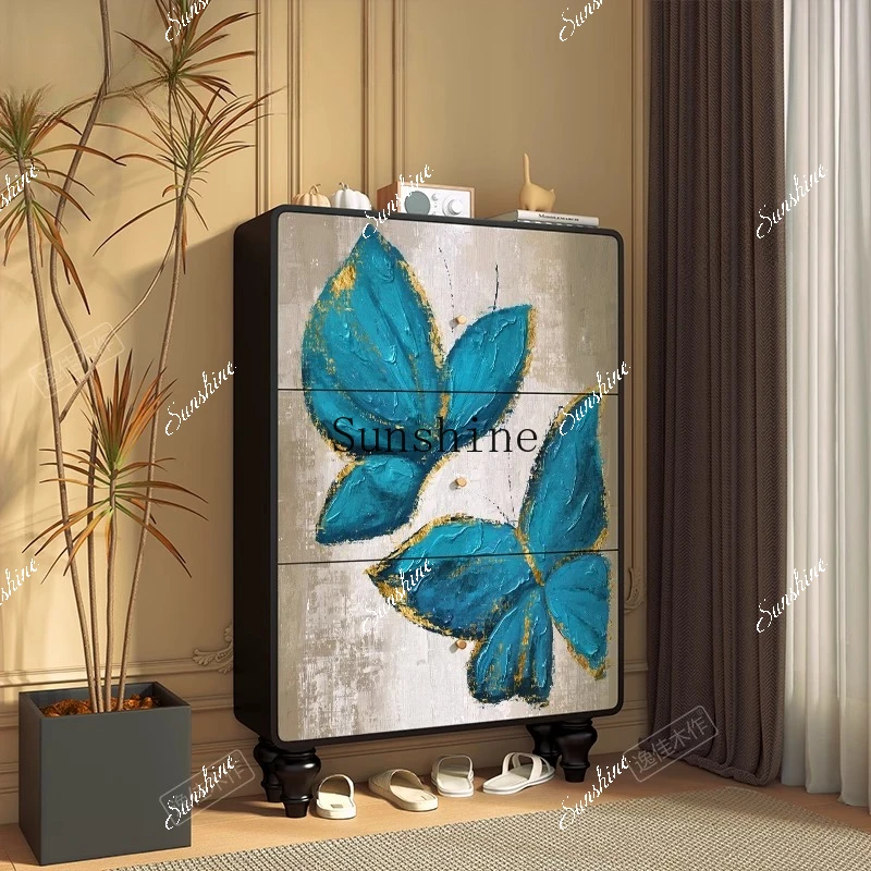 Modern simple and extremely narrow solid wood tipping bucket shoe cabinet entrance storage decoration wall vertical cabinet  FT