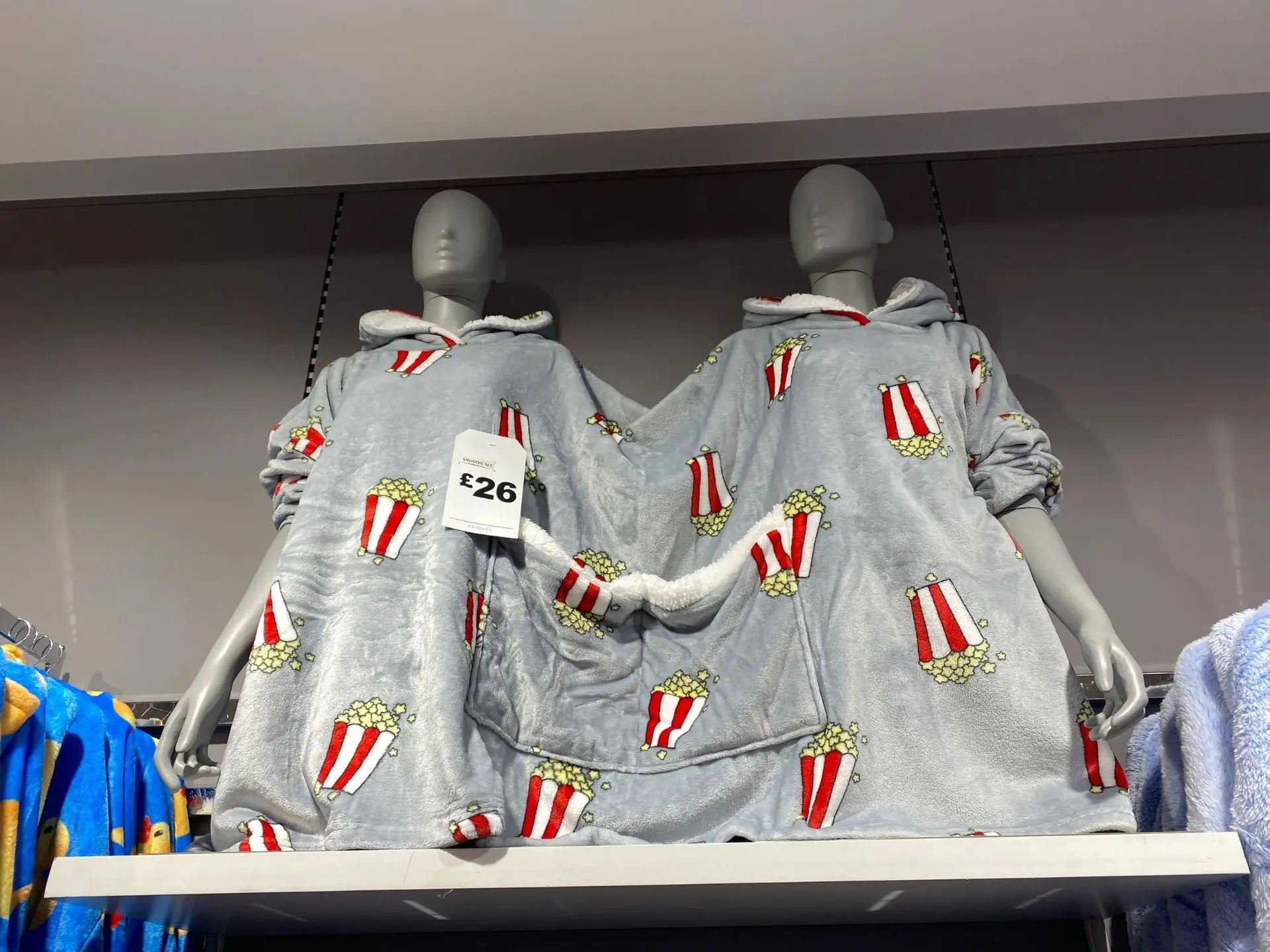 New Primark Double Snuddie Popcorn Couple Pairs Pajamas Autumn Winter Plush Hooded Blanket One Size For Adults