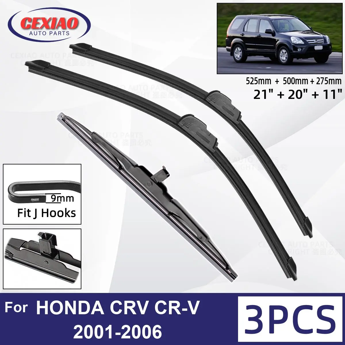 

For HONDA CRV CR-V 2001-2006 Car Front Rear Wiper Blades Soft Rubber Windscreen Wipers Auto Windshield 21"+20"+11"2003 2004 2005