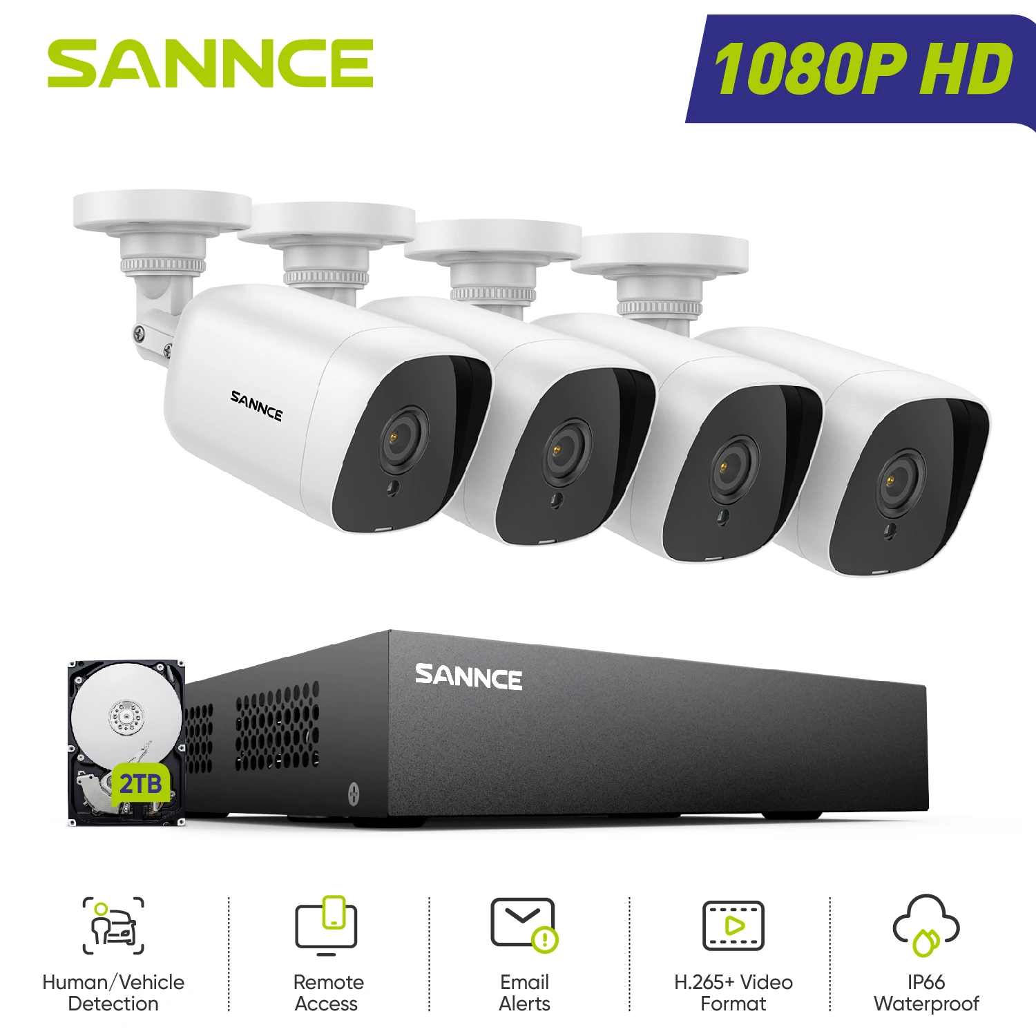 SANNNCE 8 채널 1080P 비디오 감시 세트, 2MP 보안 카메라, 3.6mm 렌즈, 야외 IP66 키트, DVR CCTV 시스템 보안 보호, 4 개