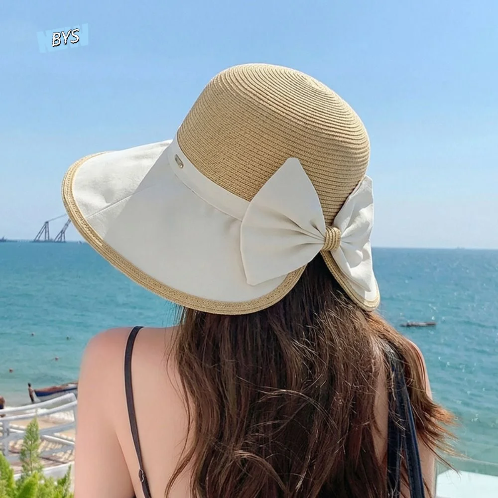 

Sweet Large Bow Women Sun Hat Wide Brim Weave Bow Fisherman Hat Bowknot Sun Protection Sunscreen Bucket Hat Riding