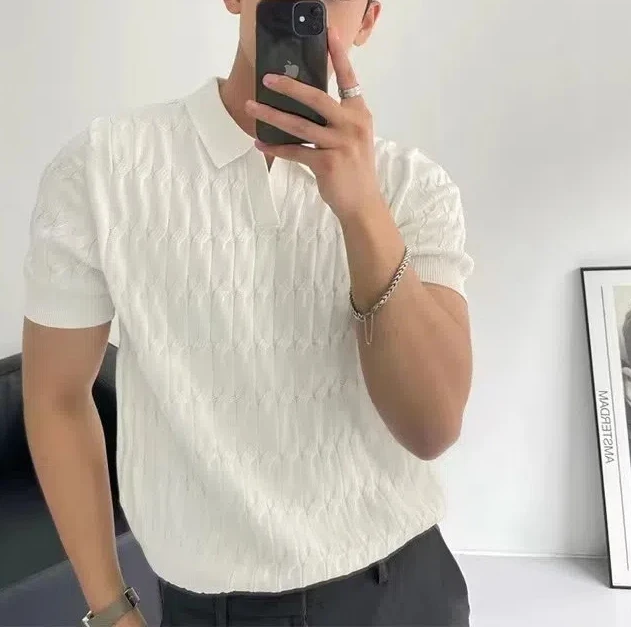 Fashionable and Popular Korean Version Solid Color Slim Fit Ice Silk Polo Shirt Short Sleeved Men's Casual Lapel Base Shirt