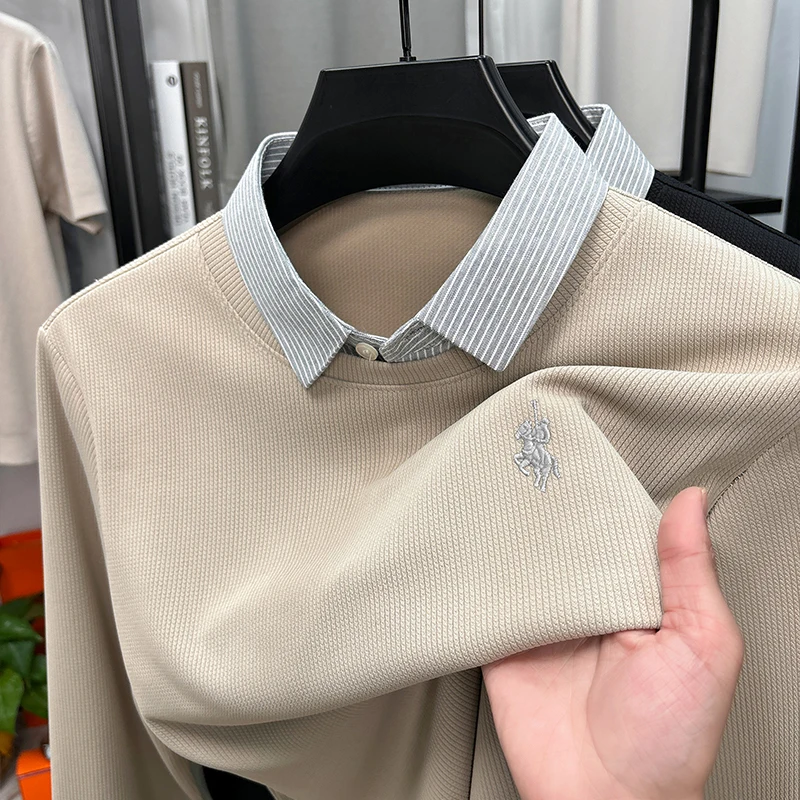 men's luxury autumn winter long sleeves false two-piece stripe lapel embroidery sweater leisure leisure business men's clothing