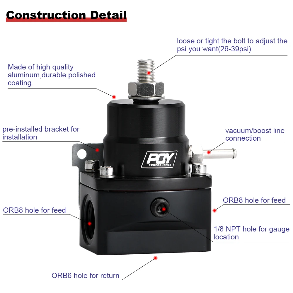 PQY Adjustable Fuel Pressure Regulator with Oil Gauge & AN8 Feed Fitting & AN6 Return Line Fitting & AN8 End Cap