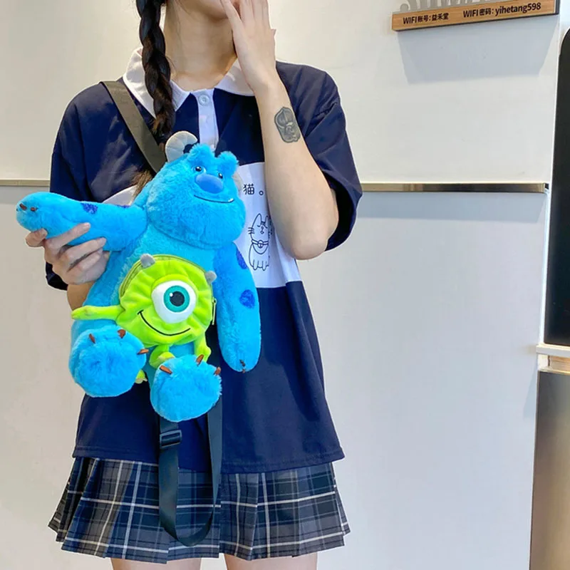 Disney Anime Monsters Inc Anime Goods Cartoon Sulley James P Sullivan Mike Stitch Plush Backpack Gift For Kids Birthday Doll Toy