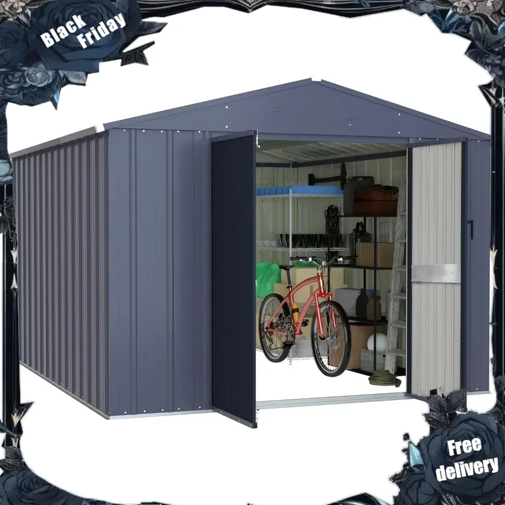 

8 x 10 FT Outdoor Storage Shed, Galvanized Metal Garden Tool Shed, Lockable Door and Vents for Patio and Backyard, Grey