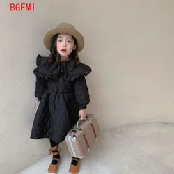 Teen Winter Girl Thick Dress A-line Knee Length Turn-down Collar Baby Girls Warm Clothes Solid Comfortable Sweet Fashion Robe