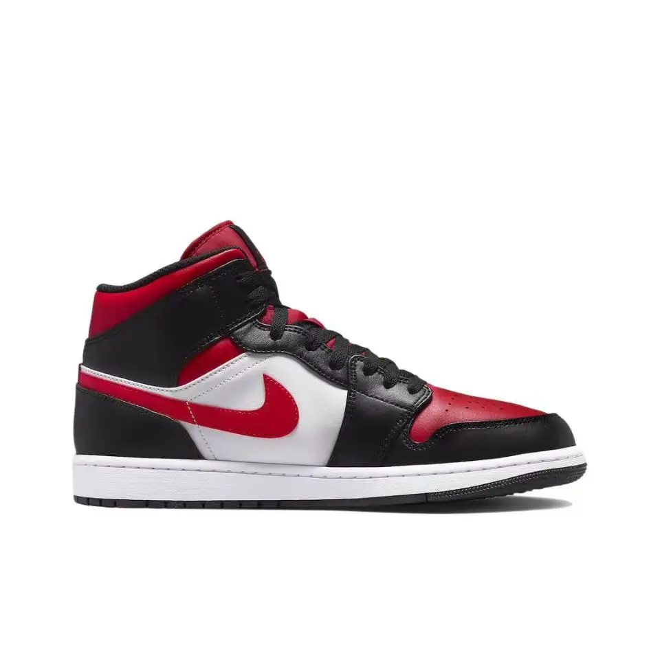 Nike Original Air Jordan 1 Mid Mens Retro Classic Basketball Sneakers Classic Black and Red Colorway