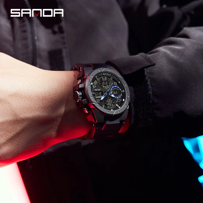 SANDA Dual Display Men Sports Watches LED Luminous Analog Electronic Digital Quartz Wristwatches Sport Waterproof Military Watch