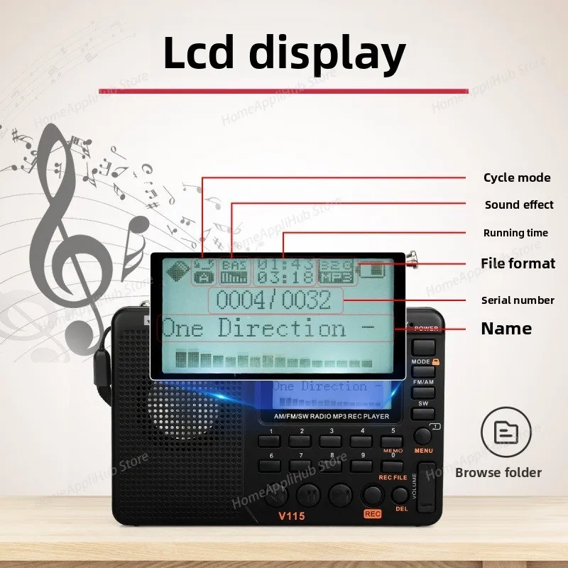 V-115 Radio Full-band Radio Recorder for FM/AM/SWMP3 Playback