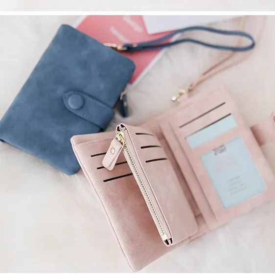 

Frosted purse female short Korean student small fresh cute three fold multi-card female buckle large capacity purse