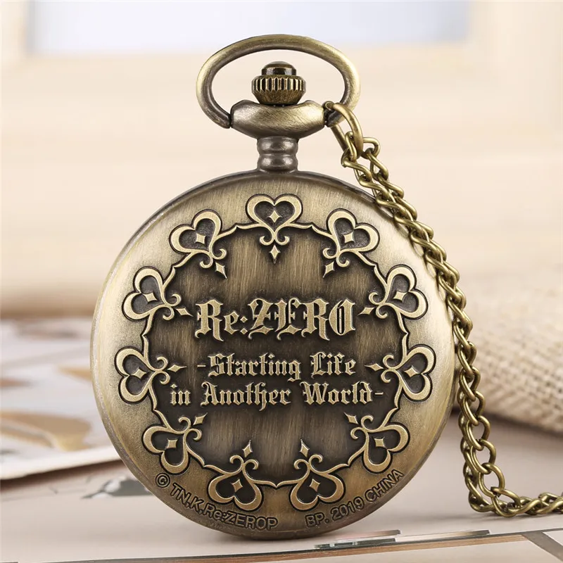 Vintage Re:zero Anime Theme Quartz Pocket Watch for Men Women Delicate Heart Flower Pattern Necklace Sweater Chain Timepiece