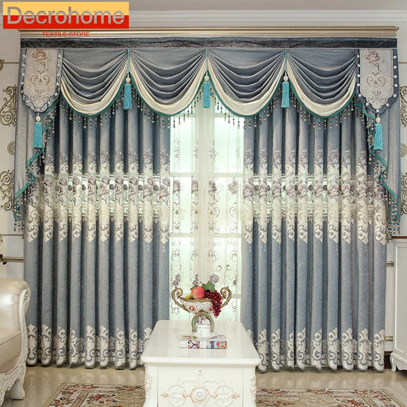 Blue Gray Embroidered Window Screen Thickened Water-soluble Hollow Chenille Curtains for Living Room Bedroom French Window