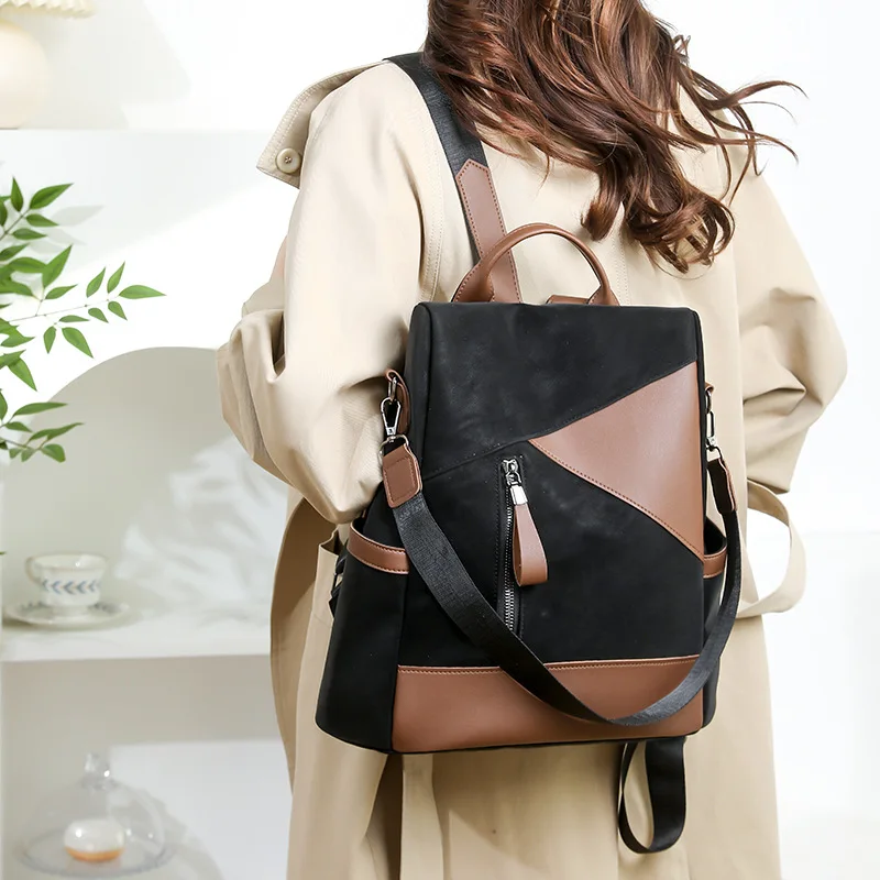 2026 New Women PU Leather Splicing Backpack for School Large Capacity Leisure Travel Backpack