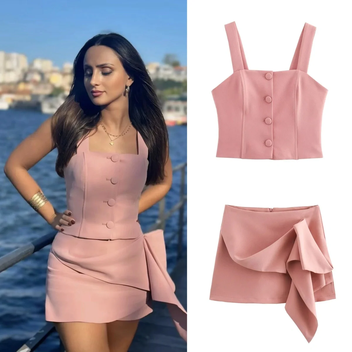 PB&ZA 2024 Women\'s Summer New Fashion Solid Color Versatile Short Tight Sleeveless Tank Top Casual Shorts Set