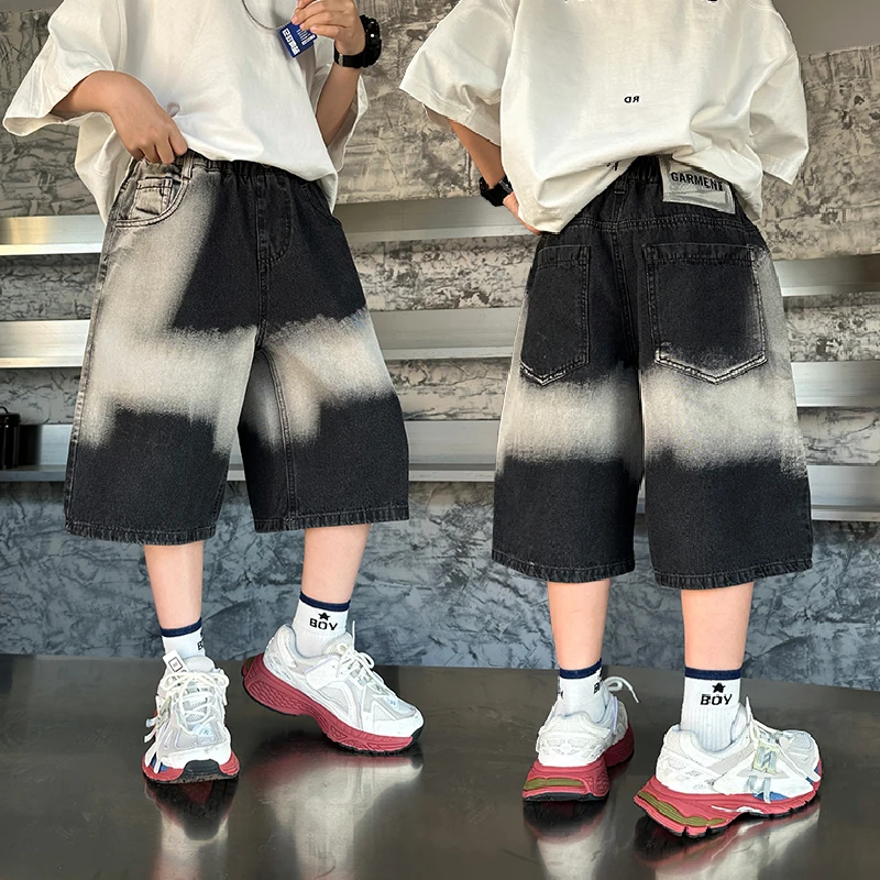 Tweens Child New Summer Black Gradient Color Shorts with Pocket for Boys Casual Korean Shorts Kids Loose Style Knee-Length Pants