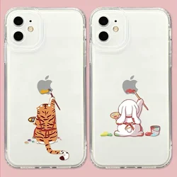 Funny Cartoon Bunny Tiger Clear Couple Phone Case For iPhone 16 15 13 11 12 14 Pro Max Plus Mini XR SE Thin Paired Cover Fundas