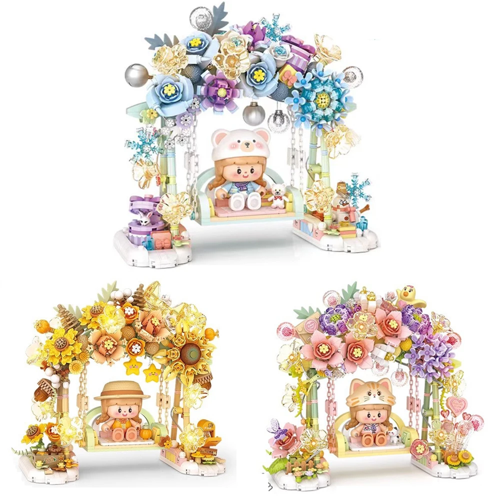 Lovely Cartoon Figures Construction Mini Block Romantic Flower Swing Building Brick Educational Toys With Light For Gifts